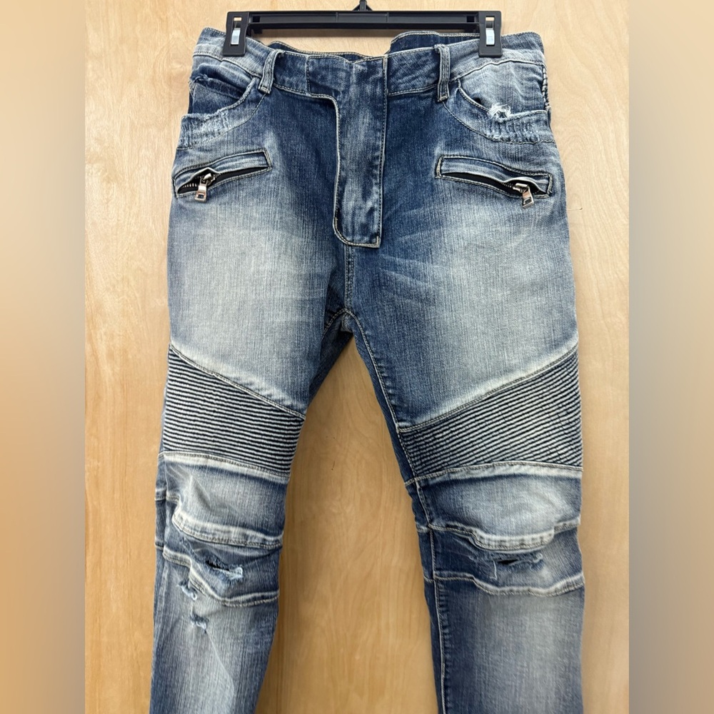 Balmain Slim Fit Biker Jeans in Blue Denim - Picture 12 of 16